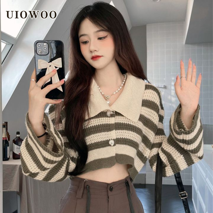 UIOWOO  Áo Khoác Cardigan Ngắn Tay Dài Họa Tiết Kẻ Sọc Phong Cách Phương Tây Cổ Điển Thời Trang Mới Cho Nữ