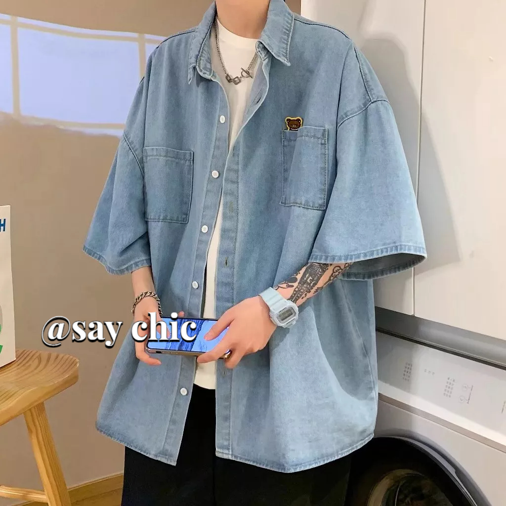 Áo Sơ Mi denim Ngắn Tay Form Rộng Thời Trang Dành Cho Nam