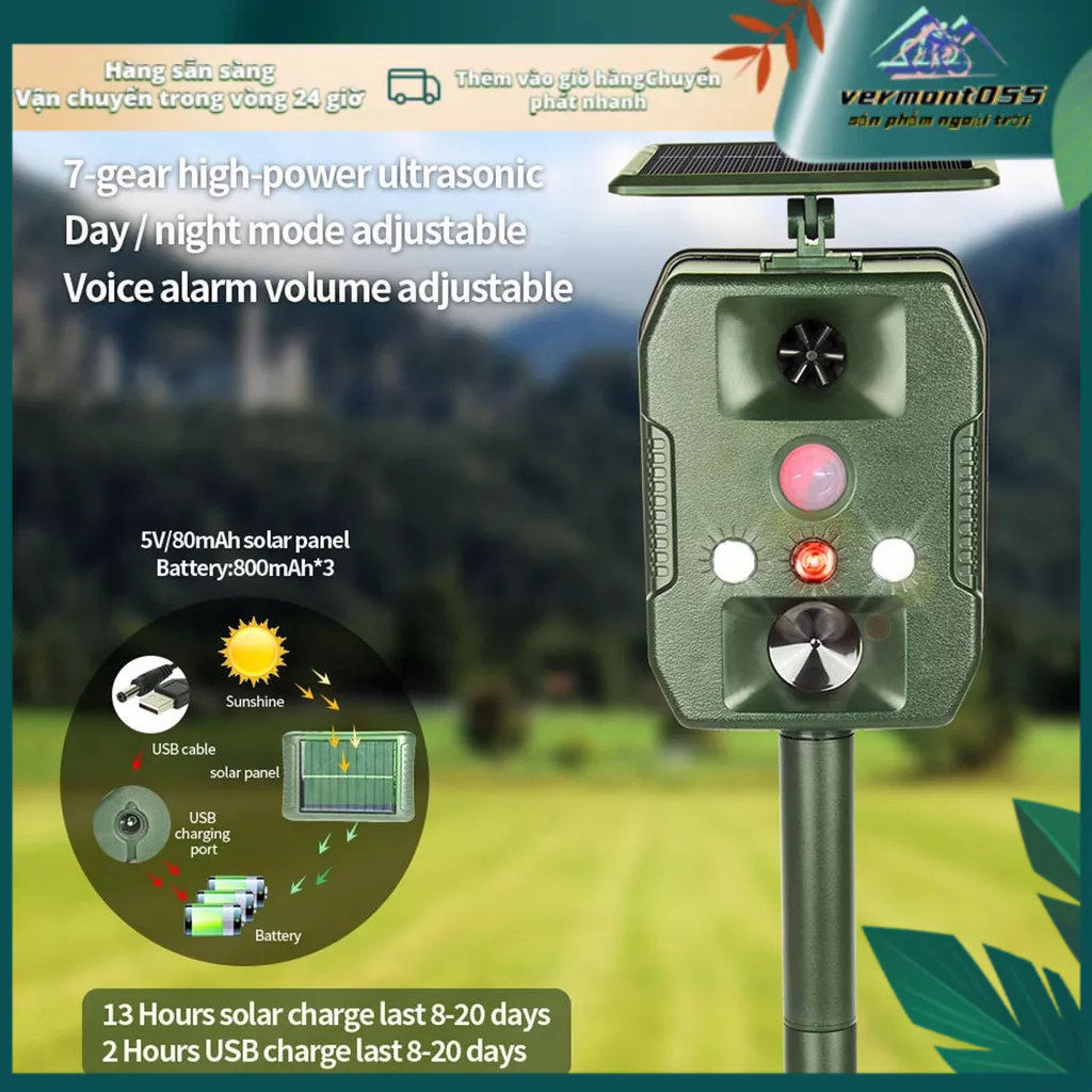 Vermont055 Thiết bị xua đuổi động vật siêu âm năng lượng mặt trời Đèn LED nhấp nháy IP55 ngăn chặn chống nước cho sân vườn trang trại cây ăn trái