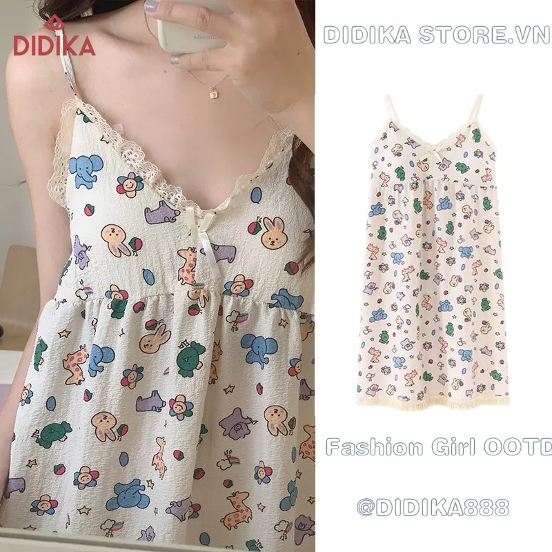 DIDIKA Đầm Ngủ Hai Dây Dáng Rộng Vải Cotton Có Mút Đệm Ngực In Hoạt Hình Dễ Thương Thời Trang Mùa Hè Cho Bạn Gái