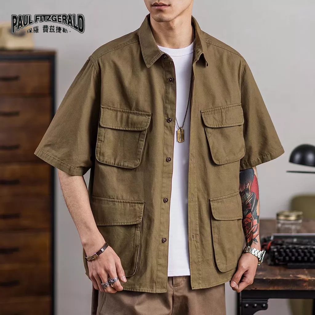 Áo sơ mi PAUL FITZGERALD tay lửng dáng rộng màu trơn phong cách harajuku thời trang cho nam