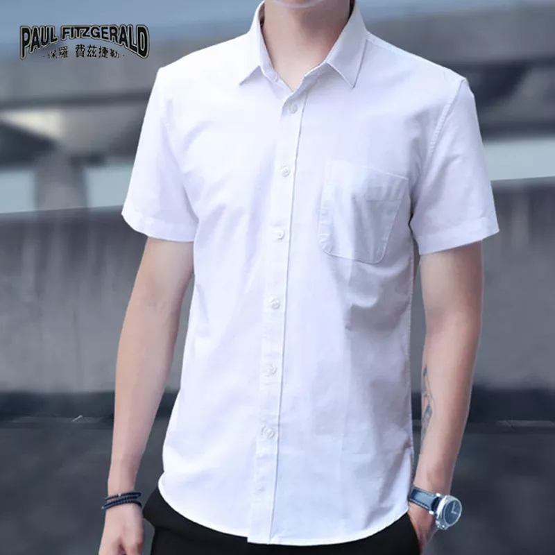 Áo Sơ Mi cotton PAUL FITZGERALD Ngắn Tay Màu Trơn Phong Cách Harajuku Thời Trang Nam Size M-3XL