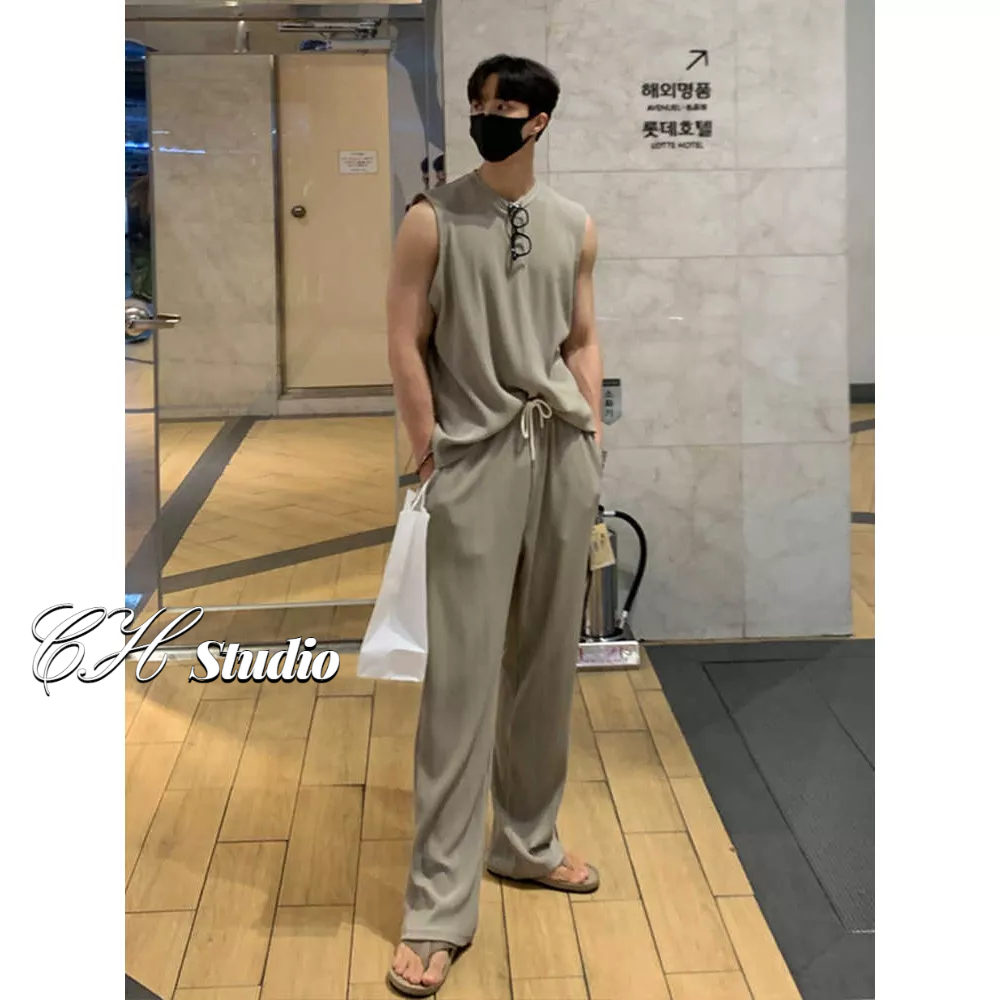Set Áo Thun Ba Lỗ Sọc Ngang + Quần Dài Ống Rộng Thời Trang Dành Cho Nam