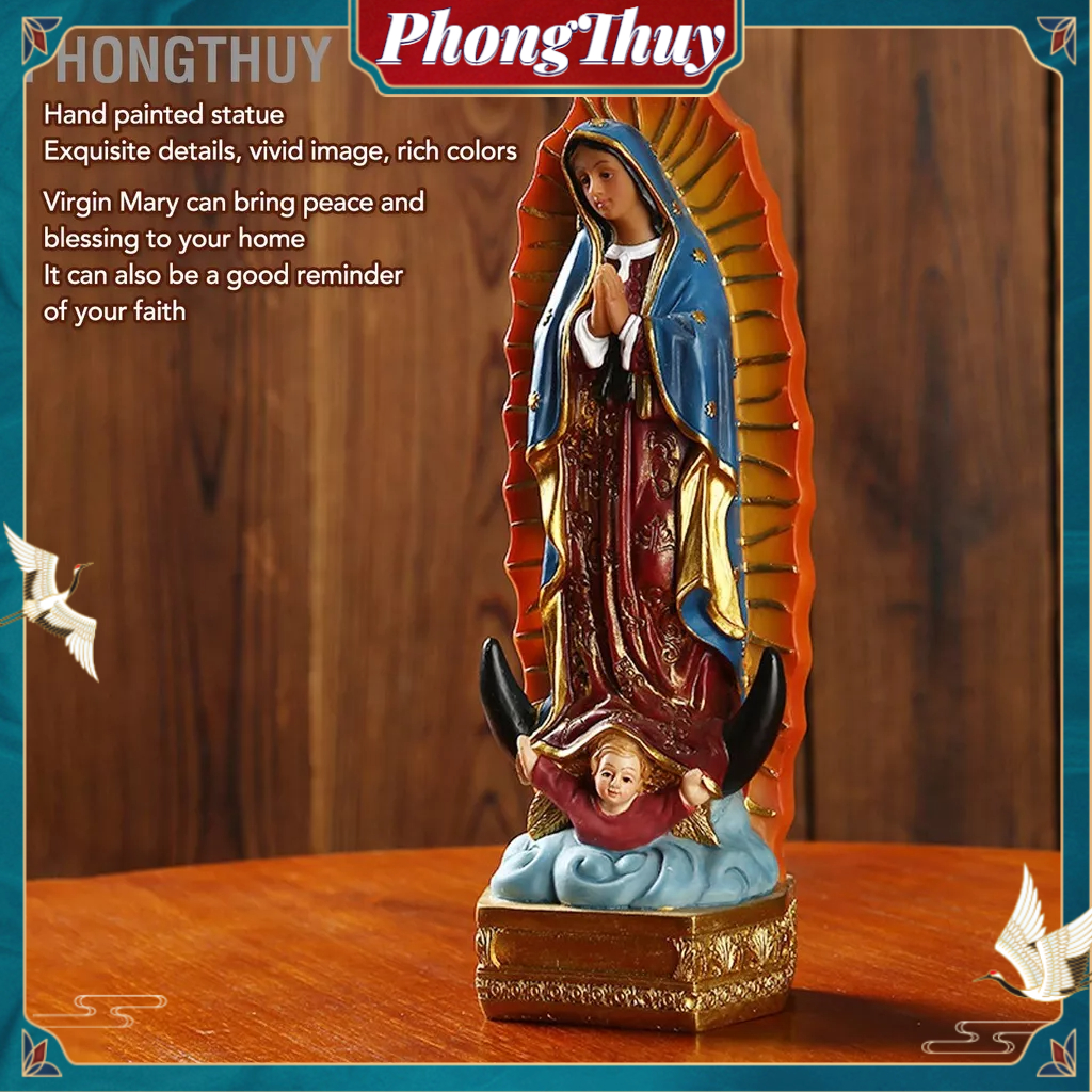 PhongThuy Christian Guadalupe Bức tượng Vẽ tay Chúc may mắn Tượng Đức mẹ đồng trinh Mẹ nhỏ để trang trí trên bàn
