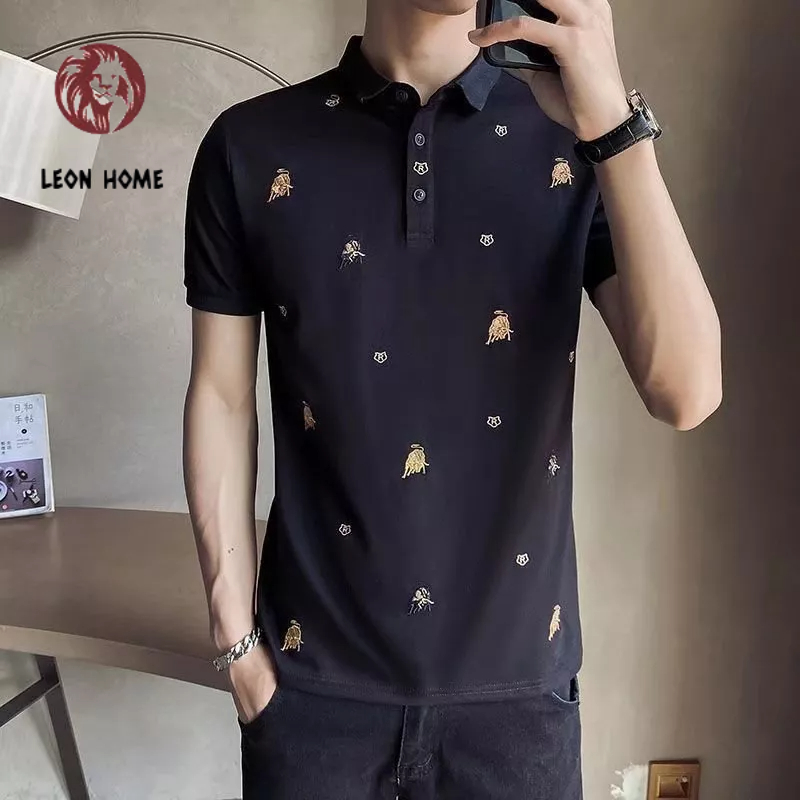 LEON HOME Áo polo Ngắn Tay Thêu Họa Tiết Phong Cách Hàn Quốc Dành Cho Nam