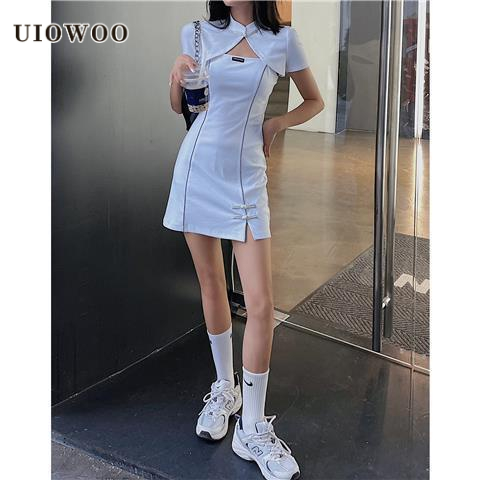 UIOWOO  Đầm Sườn Xám Cách Tân Phối Nút Phong Cách Thời Trang Mùa Hè Dành Cho Nữ
