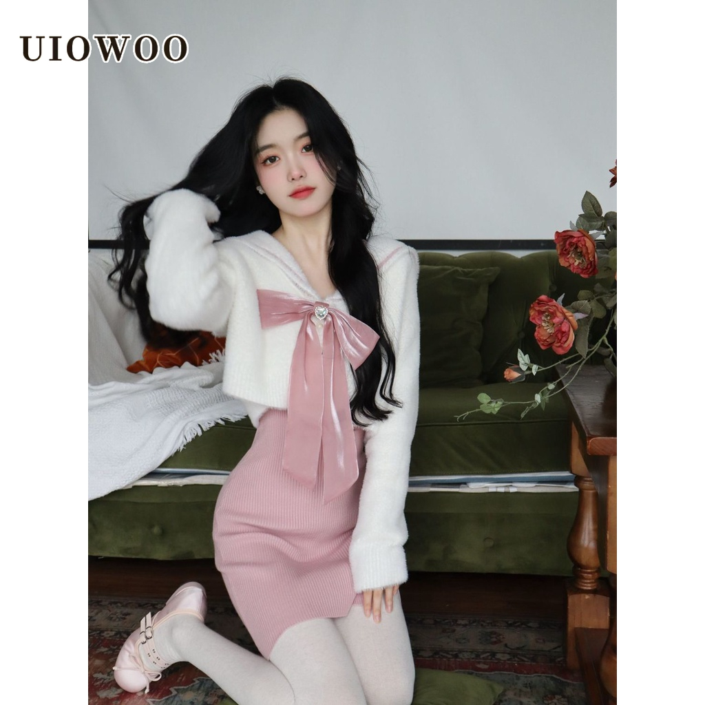 UIOWOO  Set Áo Khoác Cardigan Kèm Đầm Lông Chồn Nhân Tạo Thiết Kế Mới Xinh Xắn Thời Trang Dành Cho Nữ