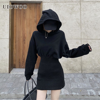 UIOWOO  Đầm hoodie tay dài thời trang dành cho nữ
