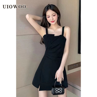 Uiowoo  đầm hai dây màu đen trơn thời trang sang trọng cho nữ