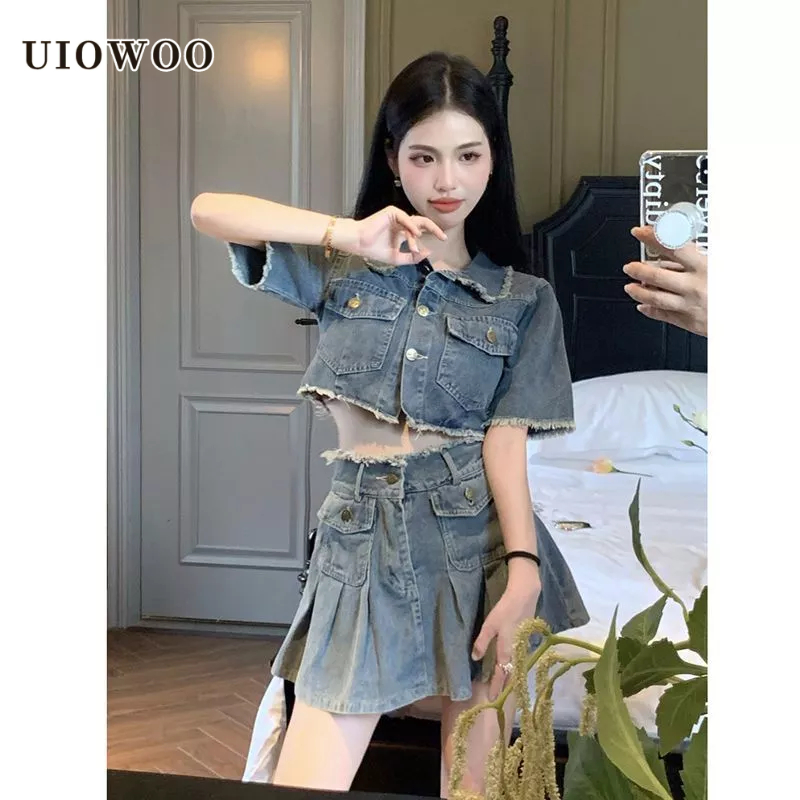 UIOWOO Set Áo Sơ Mi Ngắn Tay + Chân váy jean Lưng Cao Phong Cách Retro Cho Nữ