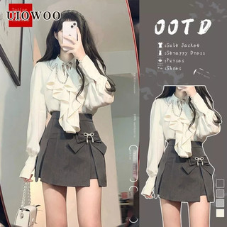 UIOWOO Set Áo Sơ Mi Phối Bèo Và Chân Váy Lưng Cao Thời Trang Mùa Xuân Mới Cho Nữ