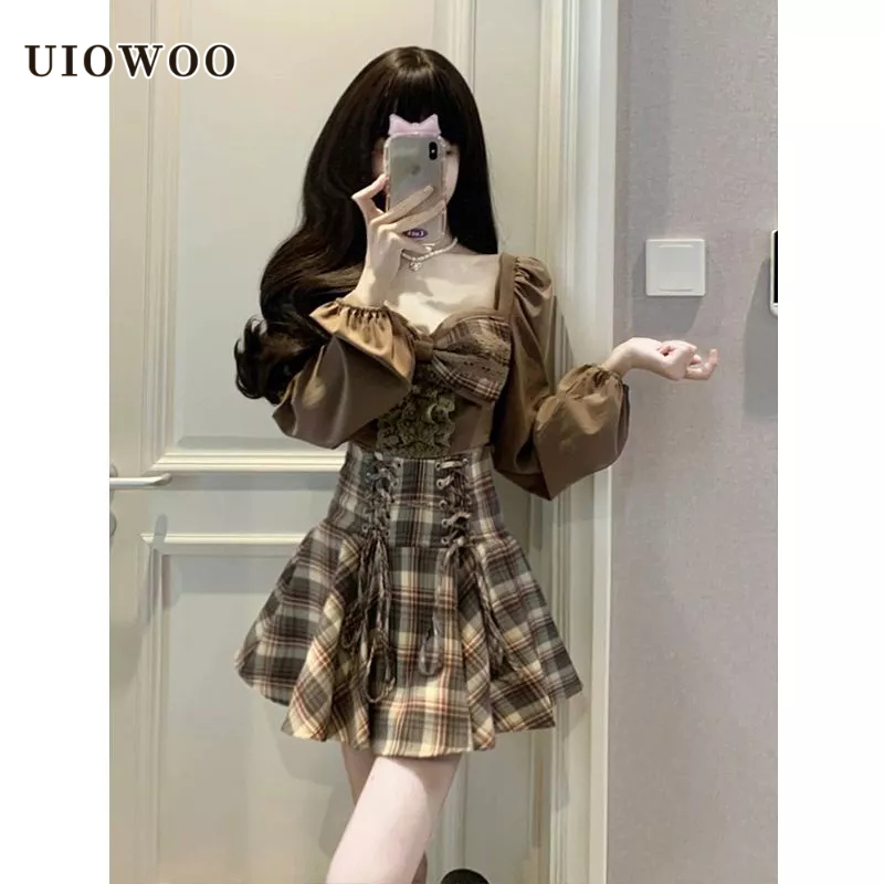 Set đồ UIOWOO gồm áo sơ mi tay dài thắt nơ phối chân váy caro lưng cao thời trang cho nữ