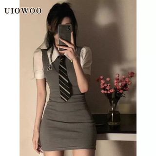 UIOWOO Đầm Thun Giả Hai Lớp Tay Ngắn Thời Trang Mùa Hè Cho Nữ