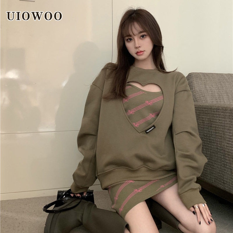 UIOWOO  Set áo sweater dài tay cổ tròn + đầm ngắn màu xanh lá thời trang cho nữ (có bán lẻ)