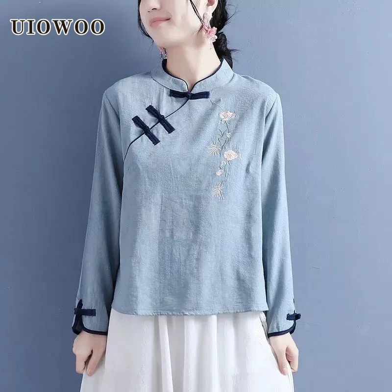 Áo kiểu UIOWOO tay dài cổ đứng họa tiết thêu hoa thời trang mùa thu cho nữ