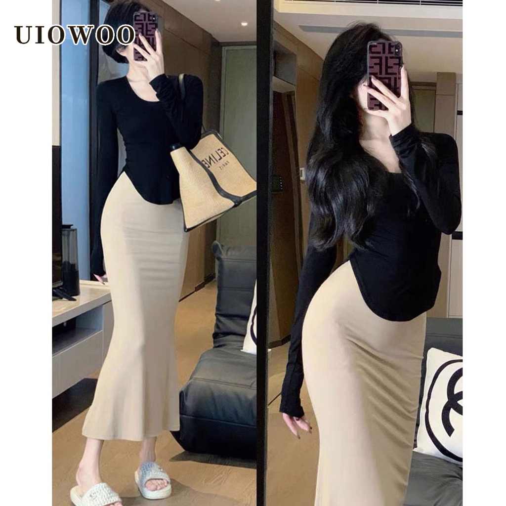 UIOWOO  Set Áo Thun Dài Tay + Chân Váy Đuôi Cá Thời Trang Nữ