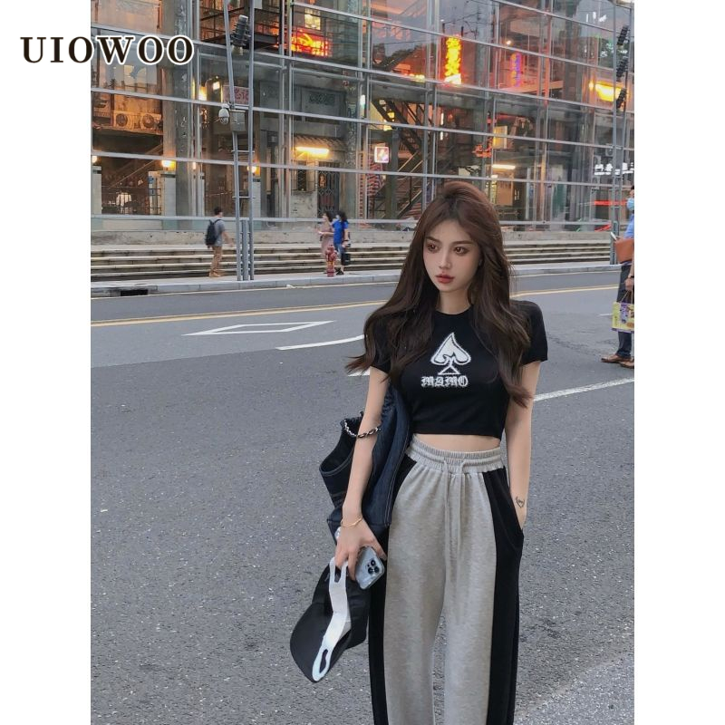 UIOWOO  Set Áo Sơ Mi Ngắn Tay Thêu Họa Tiết + Quần Dài Lưng Cao Ống Rộng Xẻ Tà Màu Sắc Thời Trang Cho Nữ