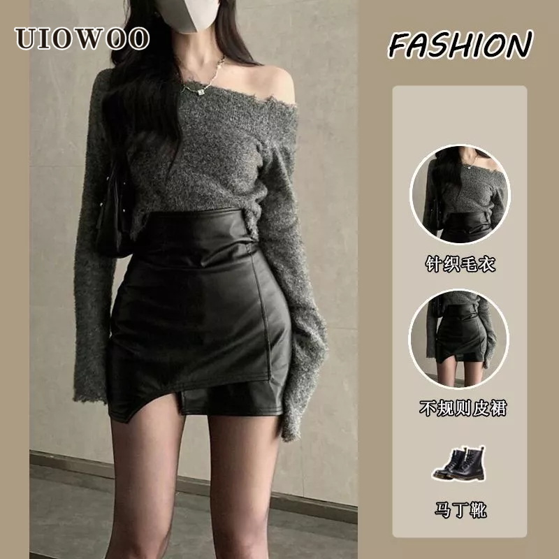 UIOWOO  Set Chân Váy Da + Áo Sweater Lệch Vai Eo Cao Phong Cách Hoàng Gia Dành Cho Nữ