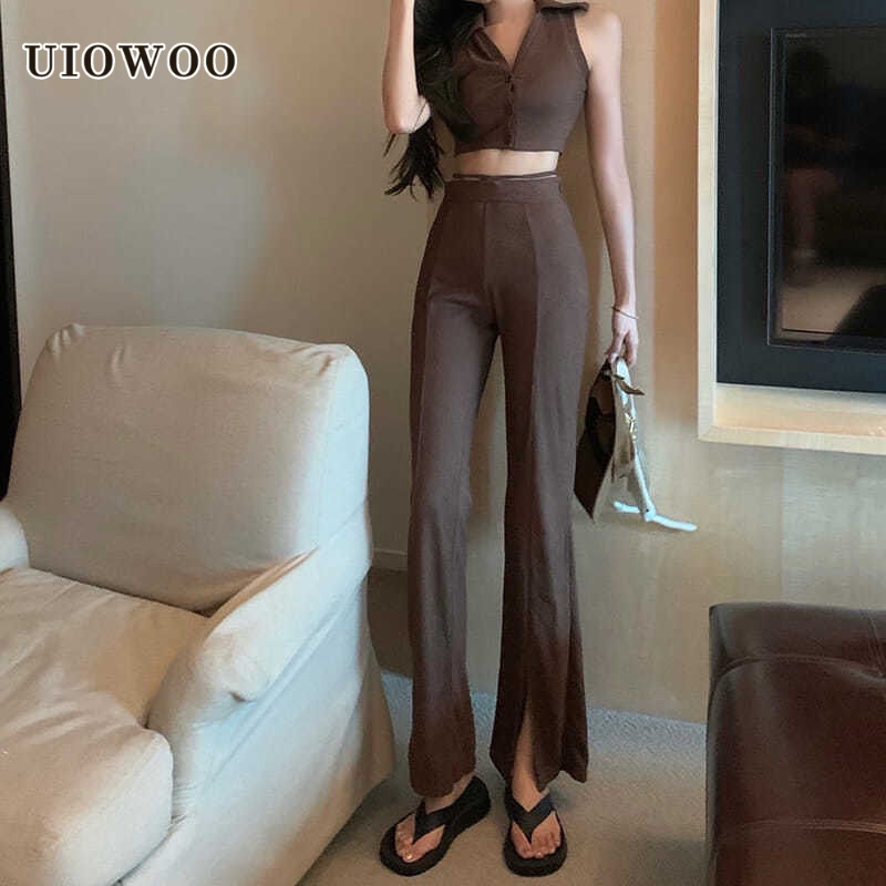 UIOWOO  Set Áo Thun Không Tay + Quần Dài Phong Cách Mới Cho Nữ