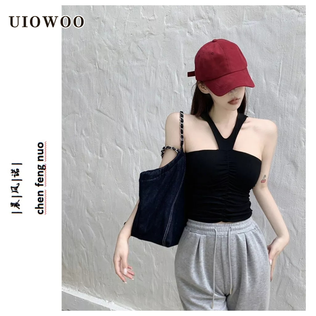 Áo yếm UIOWOO ôm dáng không tay xếp nếp có đệm ngực thời trang mùa xuân gợi cảm cho nữ