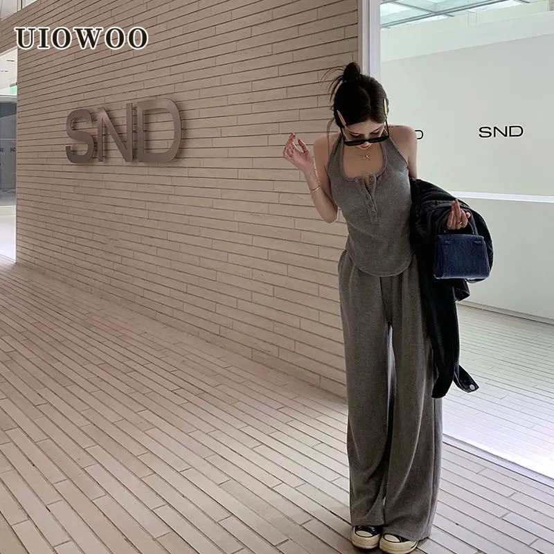 Bộ đồ UIOWOO gồm áo không tay và quần dài màu trơn phong cách xuân hè dành cho nữ