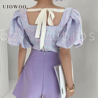 Uiowoo  áo tay phồng ngắn dáng ôm phối dây cột + áo cổ vuông thời trang mùa hè xinh xắn cho nữ