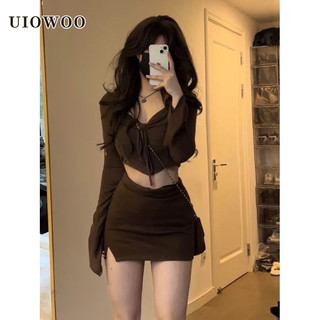 Set đồ UIOWOO tay dài cổ vuông xếp ly và chân váy màu trơn phong cách Mỹ thời trang xuân hè cho nữ