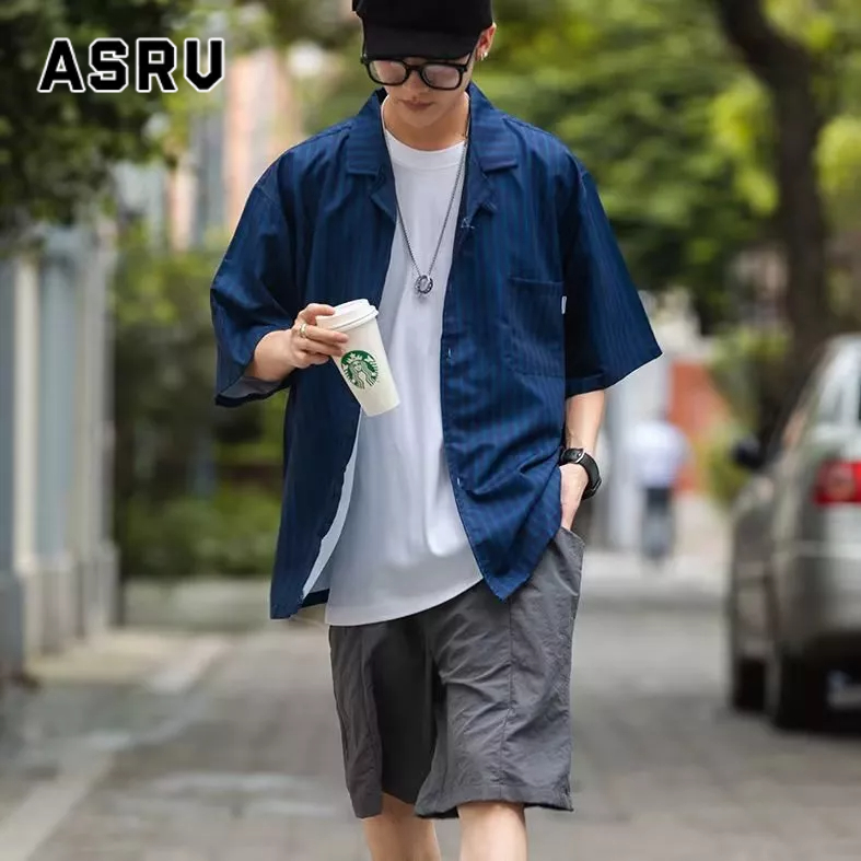 ASRV Áo Sơ Mi Ngắn Tay Form Rộng Họa Tiết Kẻ Sọc Phong Cách Nhật Bản Cho Nam