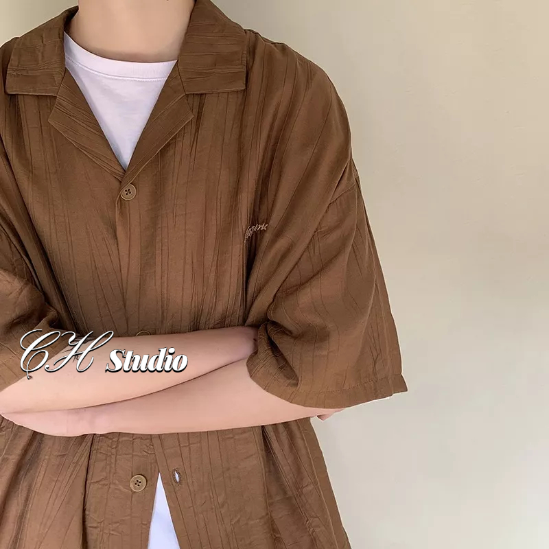 Ch Brown coffee Cuba Áo Sơ Mi Tay Lửng Xếp Ly Thiết Kế Cao Cấp Phong Cách cityboy Nhật Bản