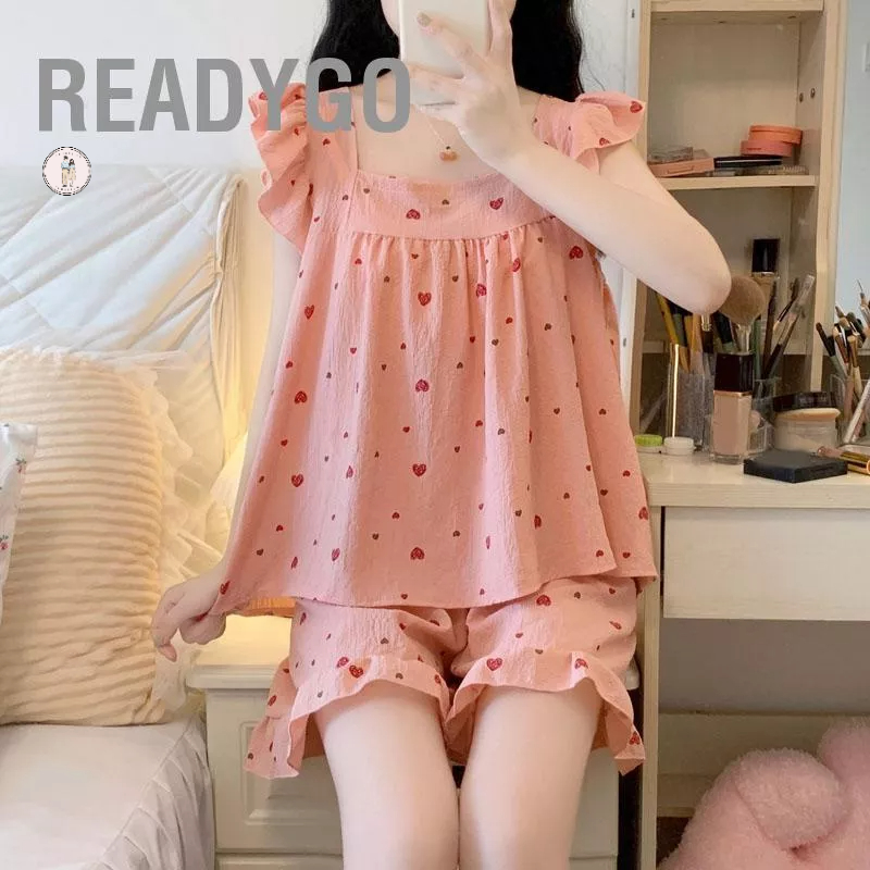 ReadyGo Bộ đồ ngủ không tay hình trái tim In dáng rộng Thân thiện với làn da mùa hè cho ký túc xá trường học khách sạn