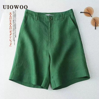 Uiowoo quần short cotton linen ống rộng lưng cao thời trang mùa hè cho nữ