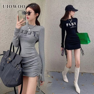 UIOWOO pure desire Đầm Thun Ôm Dáng Phối Dây Rút Xếp Ly Ôm Dáng Mùa Xuân Quyến Rũ Cho Nữ
