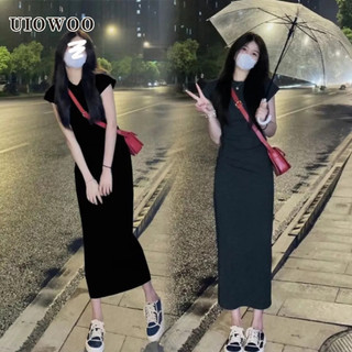 UIOWOO french Đầm Thun Dáng Dài Ôm Eo Phong Cách retro Cao Cấp Cho Nữ