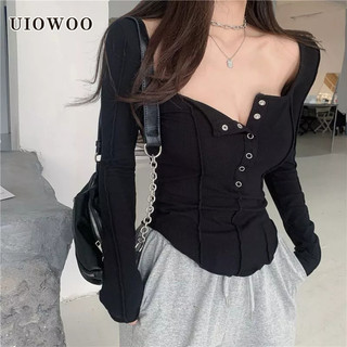 UIOWOO Áo Thun Tay Dài Màu Trơn Dễ Phối Đồ Thời Trang Mùa Thu Cho Nữ