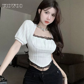 Uiowoo Áo Sơ Mi chiffon Ngắn Tay Cổ Vuông Phối Ren Phong Cách Pháp Thời Trang Mùa Hè Cho Nữ