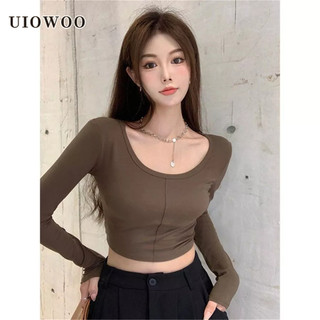 Uiowoo design sense of pure desire Áo Thun Tay Dài Cổ Chữ U Ngắn Ôm Dáng Thời Trang Cho Nữ