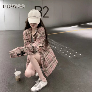 Uiowoo áo sơ mi sọc caro màu hồng thời trang cao cấp cho nữ