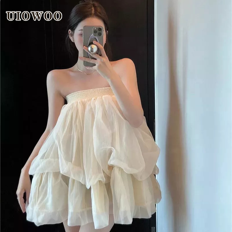 Đầm trễ vai UIOWOO phối lưới phong cách Pháp thời trang mùa hè 2023 cho nữ