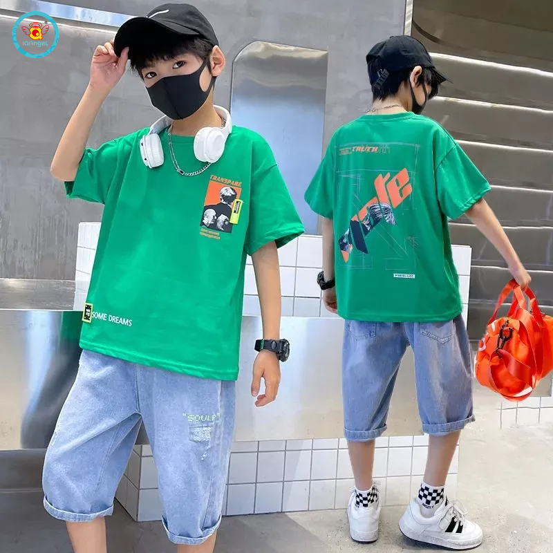 IQ Angel Bộ Đồ Thể Thao Áo Thun Tay Ngắn Phối Quần Lửng Thoải Mái Thời Trang Mùa Hè Cho Bé Trai