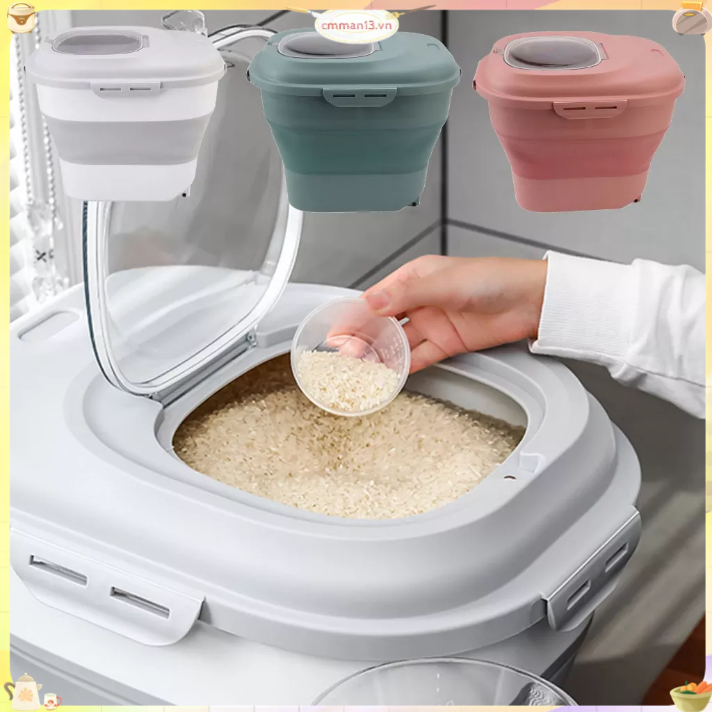 Best cook Thùng đựng gạo thức ăn Hộp có thể gập lại lớn với bánh xe lăn cốc đo lường