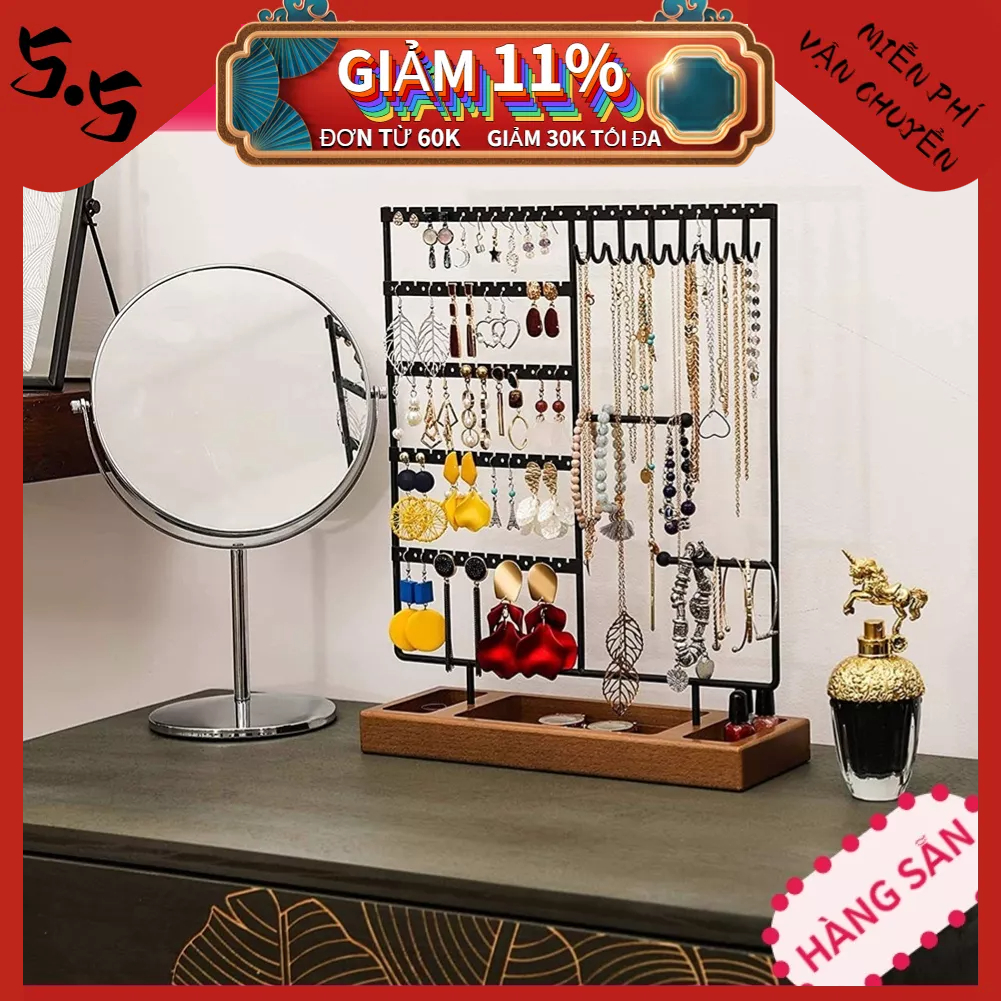 Giá treo trang sức hoa tai dây chuyền đẹp - Giá Treo Khuyên Tai / Vòng Tay / Dây Chuyền / Nhẫn 5 Tầng 90 Lỗ Bằng Kim Loại Đế Gỗ