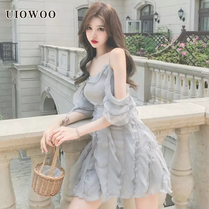 UIOWOO Đầm Voan Trễ Vai Xếp Tầng Chiết Eo Nhẹ Nhàng Nữ Tính
