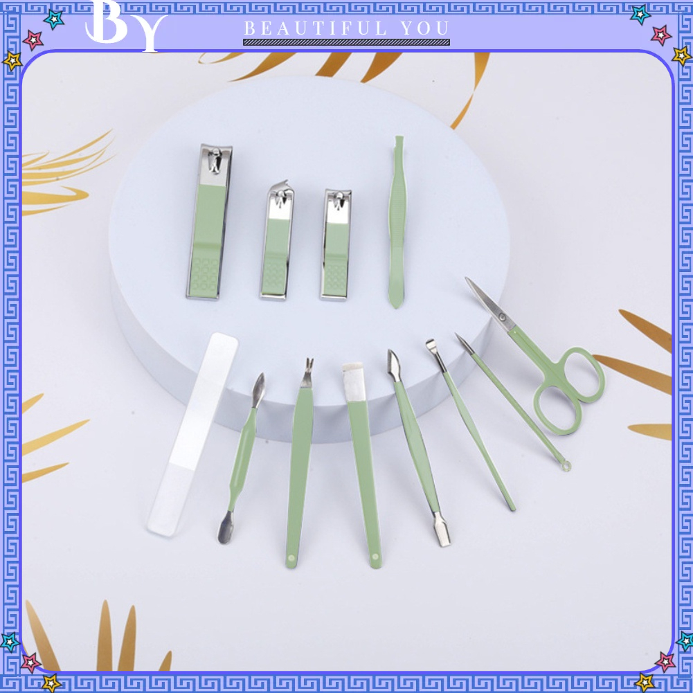 Fluorine073 12 cái Bộ làm móng tay bằng thép không gỉ chân con dao kéo lông mày Earpick Nail Clipper Set (Mint Green)