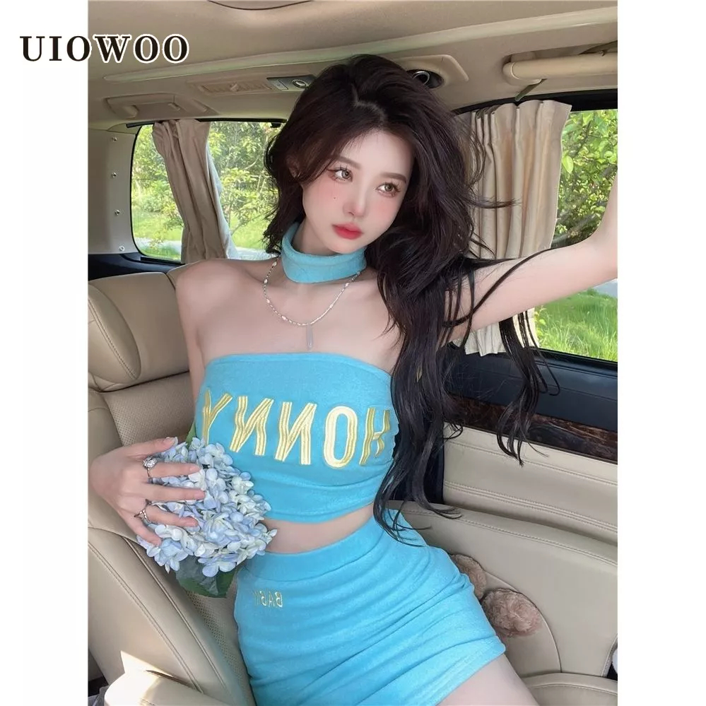 UIOWOO  Set Áo Trễ Vai Và Chân Váy Chữ A Phong Cách Quyến Rũ Dành Cho Nữ