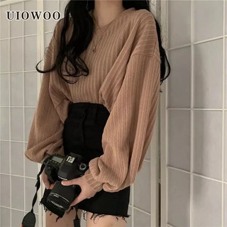 UIOWOO  Áo len lửng dệt kim tay dài kiểu dáng rộng rãi thời trang có gân áo cho nữ
