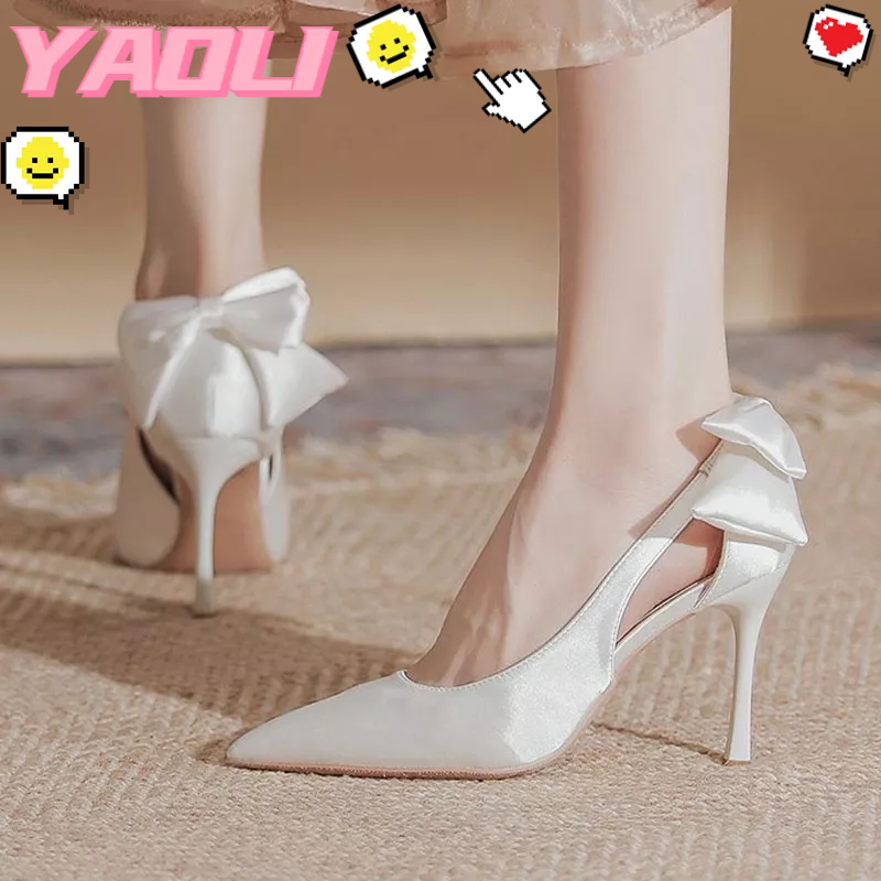Giày Cao Gót Mũi Nhọn Miệng Nông Đính Nơ Bên Hông Kiểu Hàn Quốc Mới