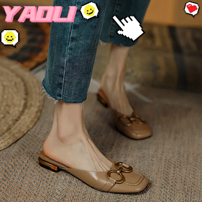 Yaoli Dép Bít Mũi Gót Thấp Đính Khóa Ngựa Phong Cách Vintage Pháp Thời Trang Mùa Hè Dành Cho Bạn Nữ