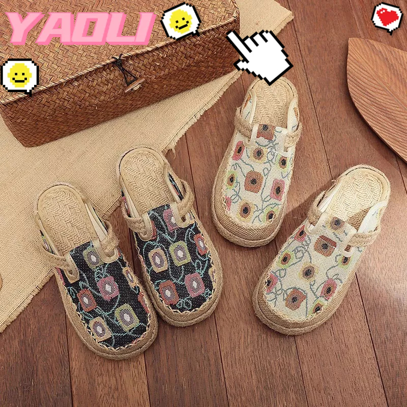 Dép lười YAOLI vải lanh cotton mũi lớn đế bằng phong cách Bắc Kinh cổ điển thời trang độc đáo