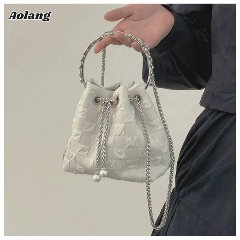 Aolang Túi canvas Đeo Chéo Họa Tiết Sọc Caro Đính Ngọc Trai Thời Trang Mùa Hè Cho Nữ