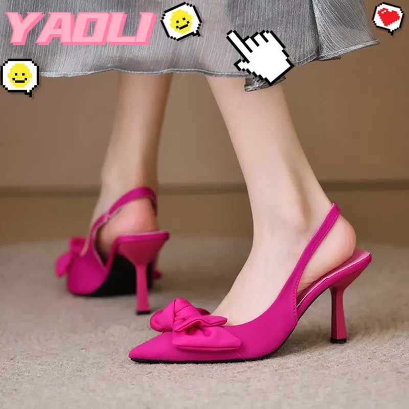 Giày cao gót YAOLI mũi nhọn đính nơ phong cách Pháp xinh xắn thời trang